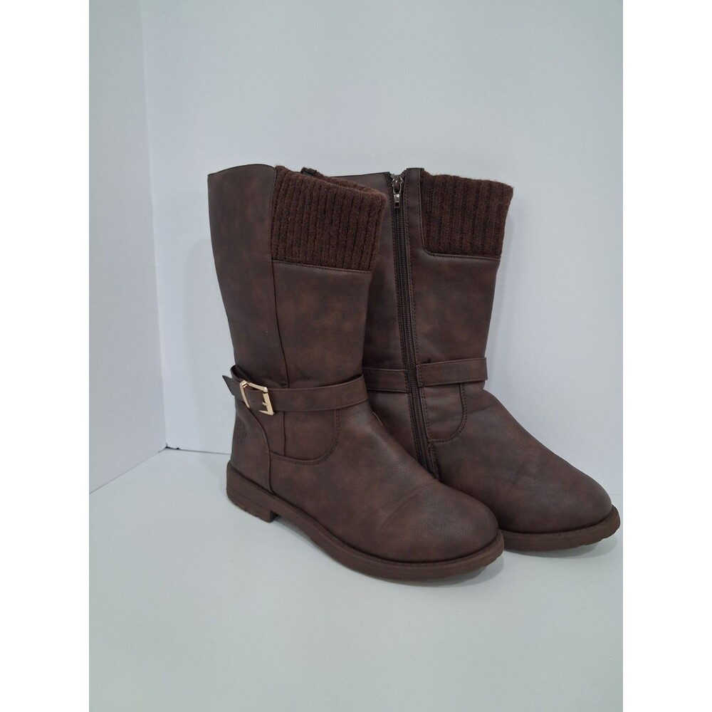Vince Camuto Brown Mid Calf Boots Sweater Cuff Moto Buckle Gorpcore Utility Sz 5